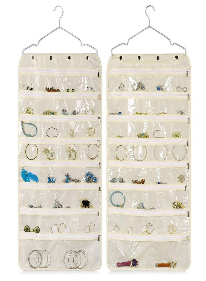 Flexzion Hanging Jewelry Organizer with Zippered Pockets - (1 Pack) Beige Closet Jewelry Organizer Storage with Hanger, 56 Pockets Dual Sided Earring Organizer Hanging for Bracelet, Watches, Ring - Image 1