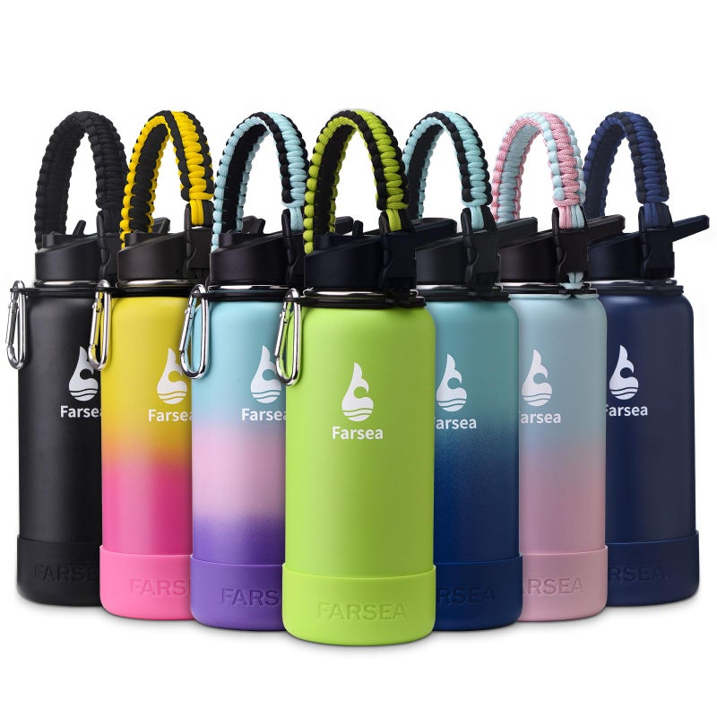 Farsea Insulated Water Bottle With Paracord Handle  Protective Boot and 2 Lids (Straw Lid & Spout Lid)  Stainless Steel Water Bottle Wide Mouth  Double Wall Sweat-Proof BPA-Free  32 oz - Image 1