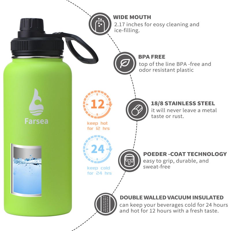 Farsea Insulated Water Bottle With Paracord Handle  Protective Boot and 2 Lids (Straw Lid & Spout Lid)  Stainless Steel Water Bottle Wide Mouth  Double Wall Sweat-Proof BPA-Free  32 oz - Image 2