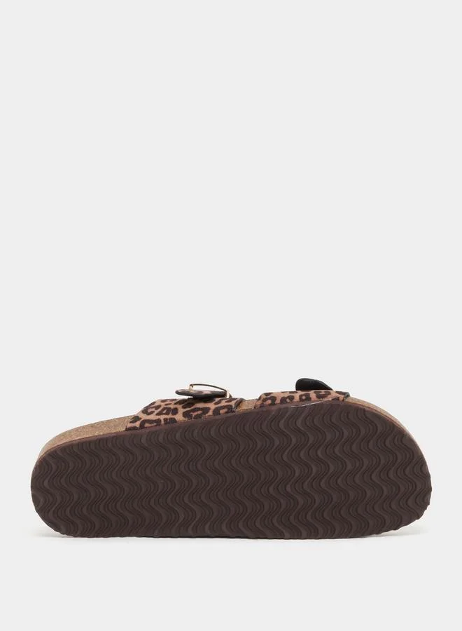 Styli Leopard Print Buckle Detail Flat Sandals
