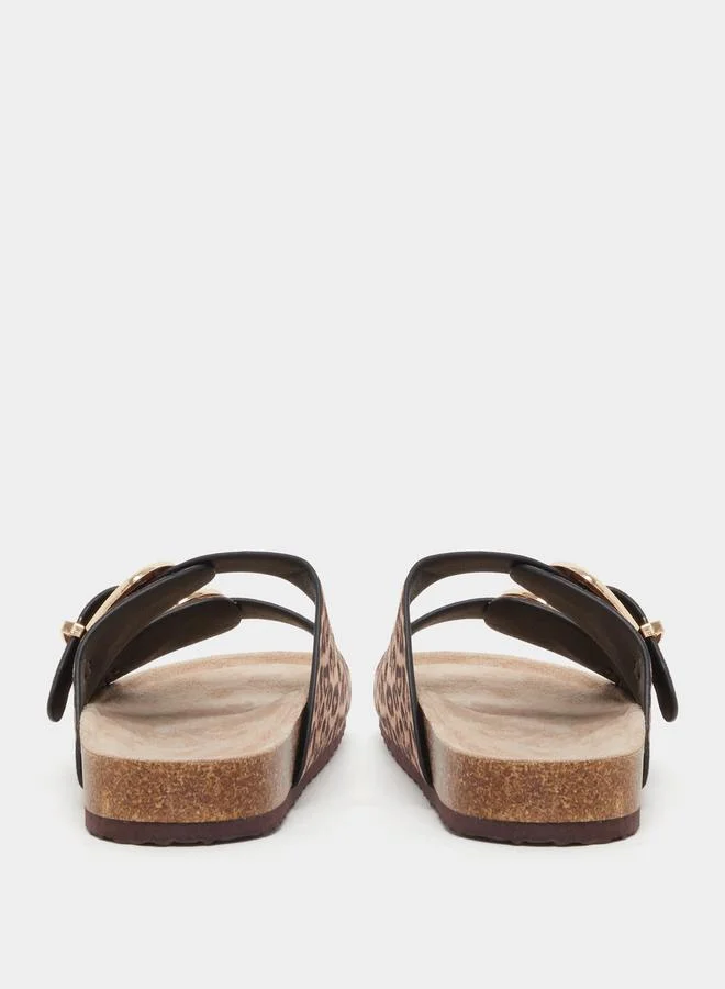 Styli Leopard Print Buckle Detail Flat Sandals