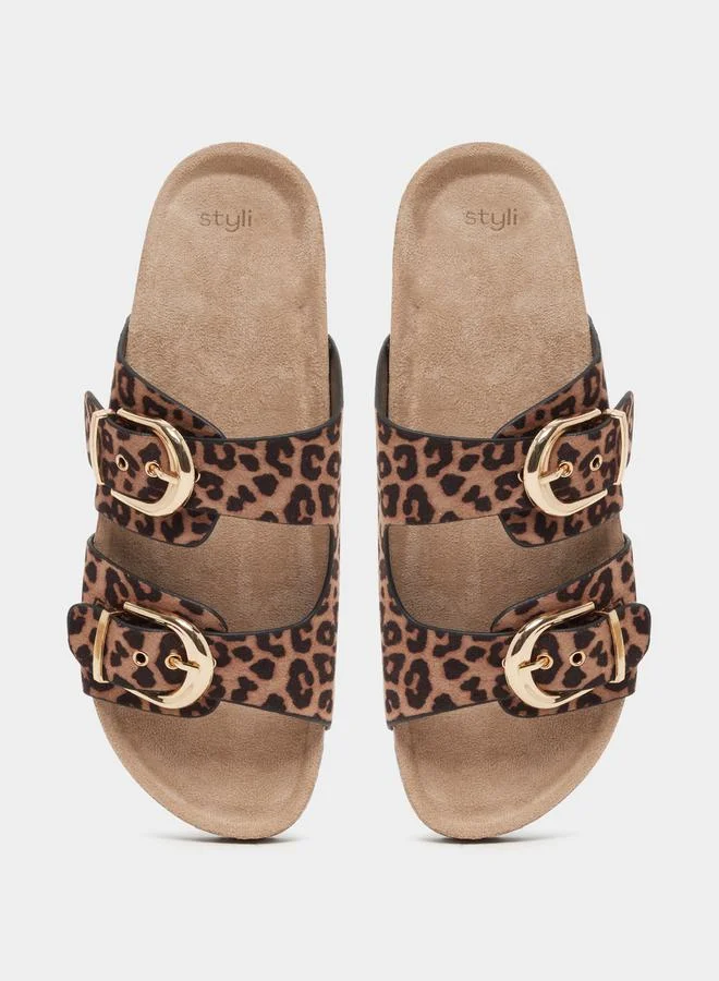 Styli Leopard Print Buckle Detail Flat Sandals