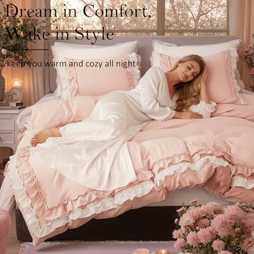 Bedorm Ruffle Duvet Cover Queen Coquette Bedding Ultra Soft Breathable Shabby Chic Bedding Pink Ruffled Duvet Cover Set Cute Comforter Cover - Image 3