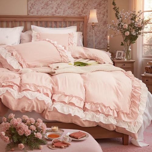 Bedorm Ruffle Duvet Cover Queen Coquette Bedding Ultra Soft Breathable Shabby Chic Bedding Pink Ruffled Duvet Cover Set Cute Comforter Cover - Image 1