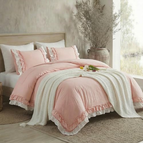 Bedorm Ruffle Duvet Cover Queen Coquette Bedding Ultra Soft Breathable Shabby Chic Bedding Pink Ruffled Duvet Cover Set Cute Comforter Cover - Image 2