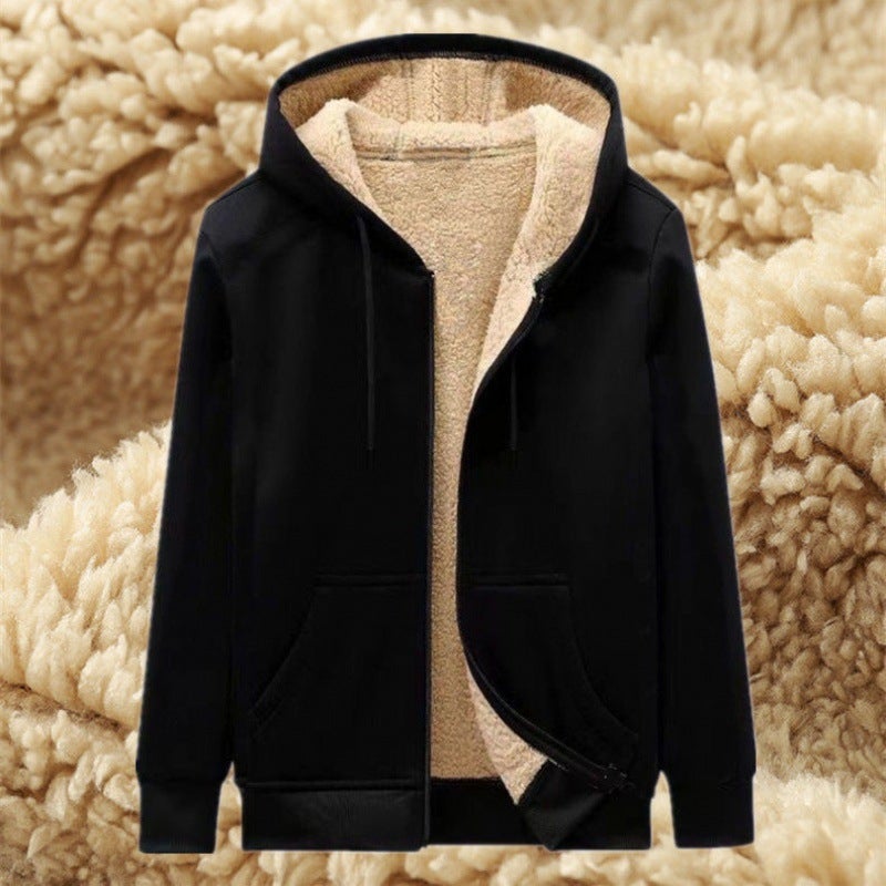 Mens Thickened Fleece Hoodie Youth Zip-up Outerwear Thin (black)  - Image 5