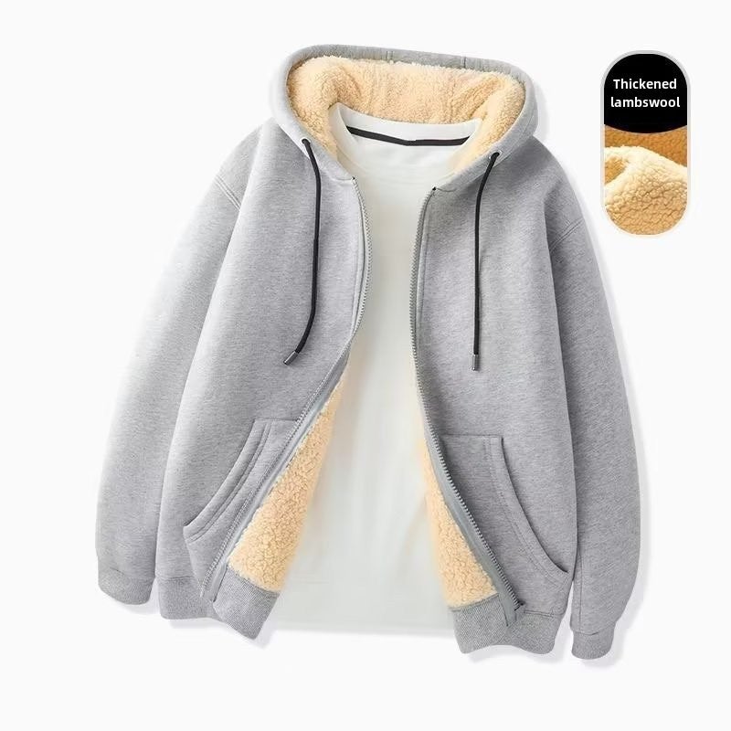 Mens Thickened Fleece Hoodie Youth Zip-up Outerwear Thin (black)  - Image 4