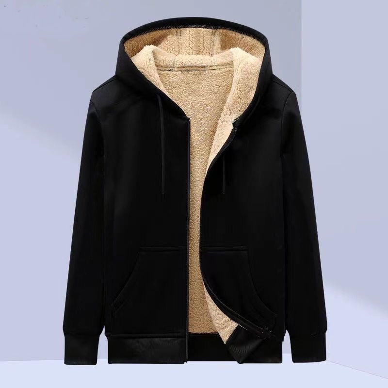 Mens Thickened Fleece Hoodie Youth Zip-up Outerwear Thin (black)  - Image 3