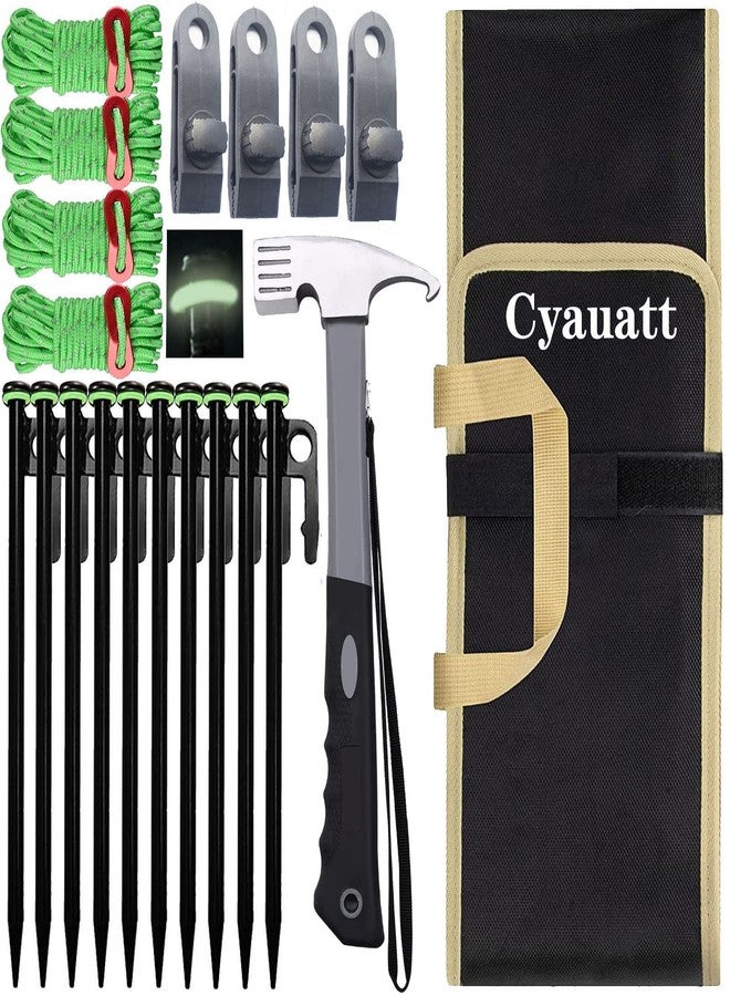 Cyauatt 10 Pcs Heavy Duty Tent Stakes and Camping Hammer Set,10in Metal Tent Stake for Lawn,Ground and Beach,Camping Tent Kit with Tent Stakes,Hammer, Reflective Rope,Tent Clamps and Storage Bag - Image 1