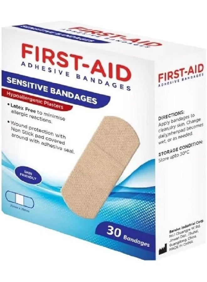 Adhesive Sensitive Hypoallergenic Bandages (25mm x 76mm)| Wound Protection, Latex-Free, Non-Stick Absorbent Pad, 30pcs