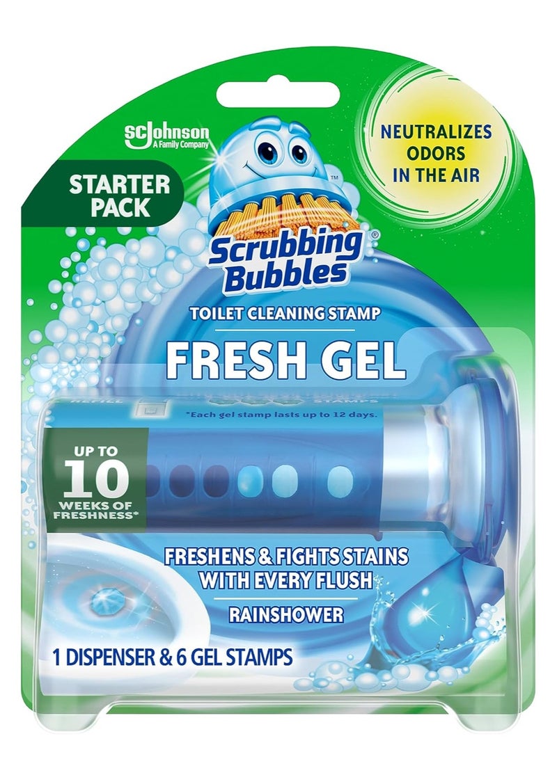 Scrubbing Bubbles Fresh Gel Toilet Bowl Cleaning Stamps, Helps Keep Toilet Clean and Helps Prevent Limescale & Rings, Rainshower Scent, 1 Dispenser with 6 Fresh Gel Stamps - Image 1