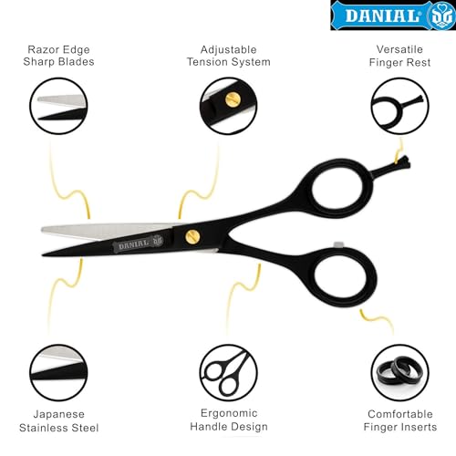 DANIAL 6.5" Black Coated Barber Scissors - Rust-Free, High Carbon Stainless Steel, Professional Hair Cutting, Beard & Moustache Trimming, Salon Accessories for Men, Women - Image 2