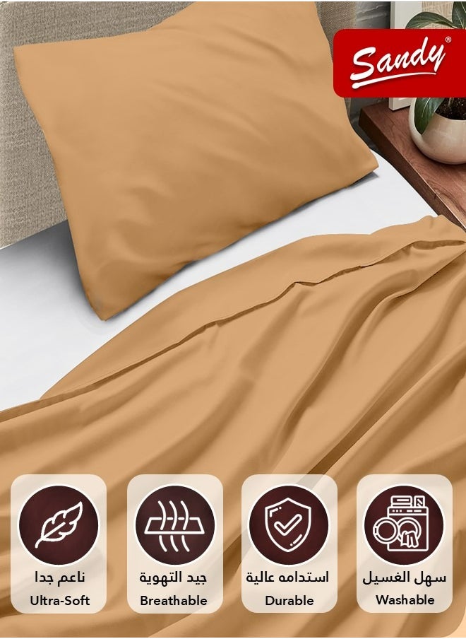 Sandy Premium Hotel Quality Flat Sheet and Pillow Case, Bed Sheet 2 Pieces Set, Soft & Breathable and Cooling, Extra Twin Size 243 x 167 cm, Camel