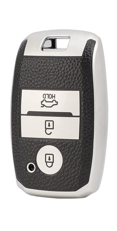 JVCV® Premium Soft TPU Leather Pattern Key Cover Compatible with Kia Seltos Sonet Carens 3 Button Push Start Car Key (Silver Black) - Image 3