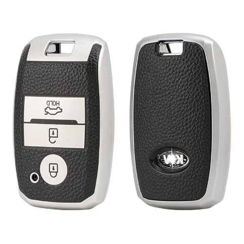 JVCV® Premium Soft TPU Leather Pattern Key Cover Compatible with Kia Seltos Sonet Carens 3 Button Push Start Car Key (Silver Black) - Image 1