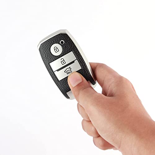 JVCV® Premium Soft TPU Leather Pattern Key Cover Compatible with Kia Seltos Sonet Carens 3 Button Push Start Car Key (Silver Black) - Image 5