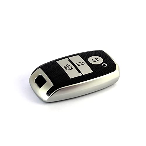 JVCV® Premium Soft TPU Leather Pattern Key Cover Compatible with Kia Seltos Sonet Carens 3 Button Push Start Car Key (Silver Black) - Image 4