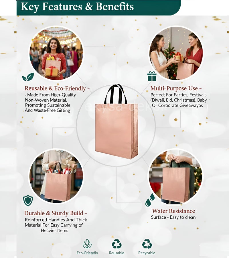 ekysa dekor Rose Gold Metallic Bags with Handles (Pack of 5) - 9x10x4 Inches, Reusable Non-woven Laminated Eco-Friendly Glossy Tote Bags for Wedding/Party Return Gift, Festive Hamper (Water-Resistant) - Image 3