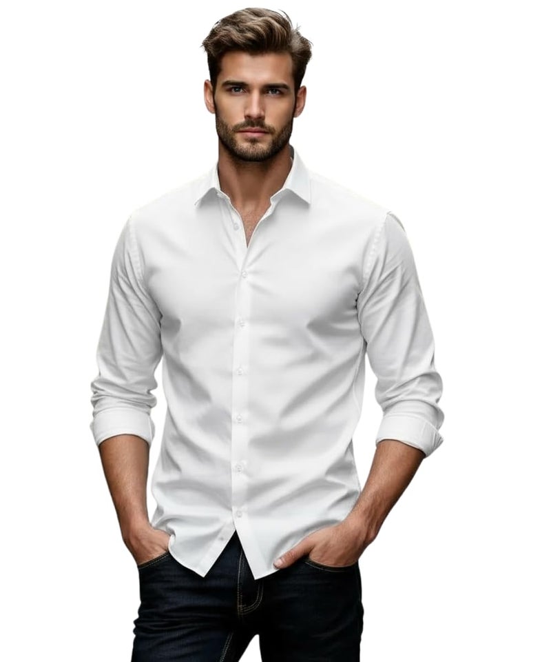 Glowic Men's Plain Casual Shirt | Cotton Soft & Breathable Fabric | Full Sleeve Comfort Fit Stylish Solid Shirts for Office (in, Alpha, XL, Regular, White) - Image 1