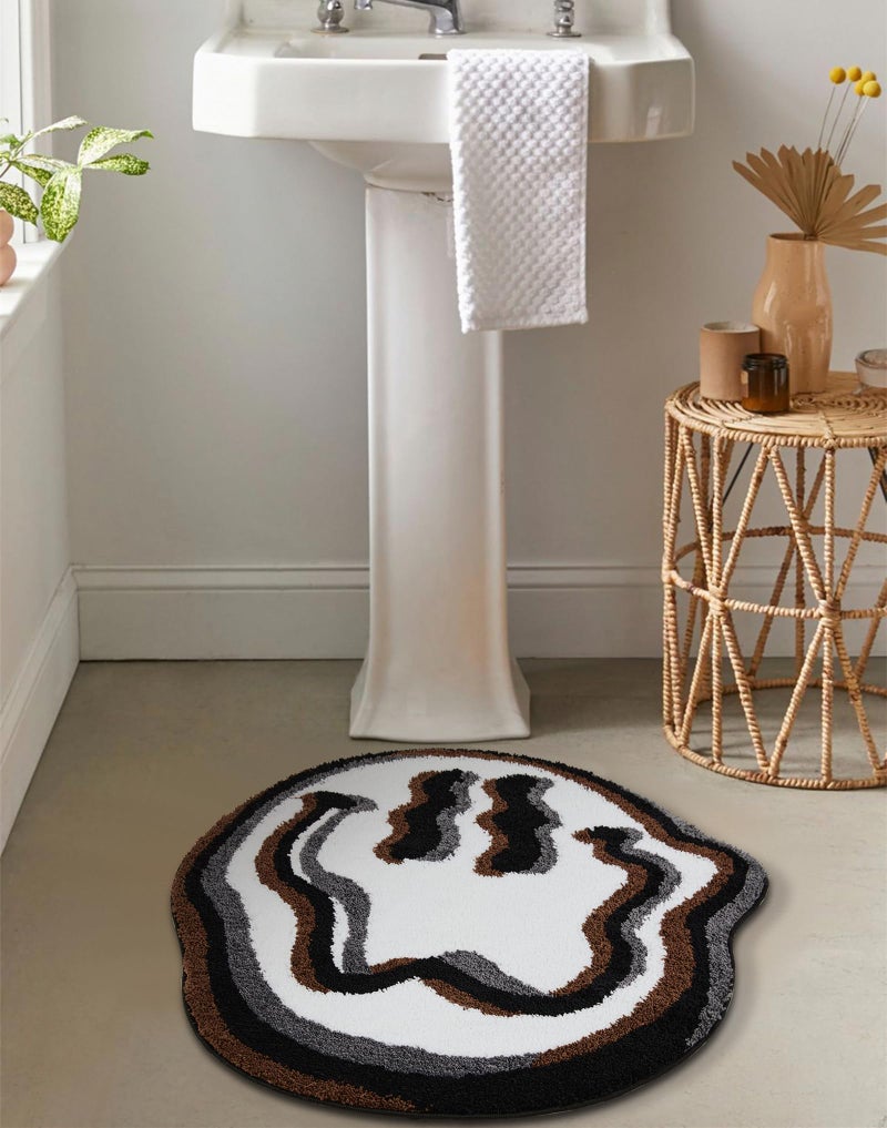 Estmy Happy Face Cute Bath Mat 2ft Trippy Round Bathroom Rugs White/Black Non Slip Washable, Groovy Funky Aesthetic Hippie Boho Funny Cool Plush Bathroom Mat Shower Floor Rug - Image 1