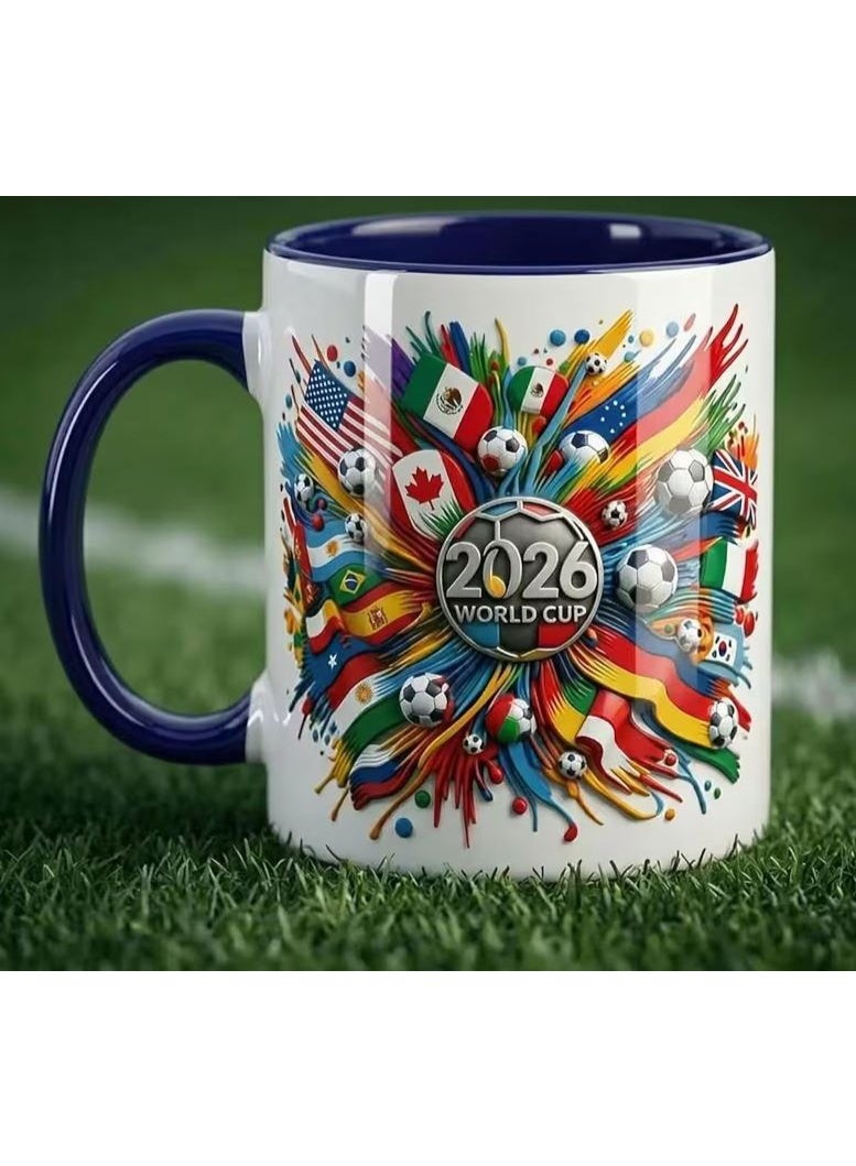 كوب مشجعي كرة القدم لكأس العالم 2026 - تصميم أعلام دولية وكرات قدم، أبيض بمقبض أزرق