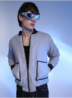 Campus Sutra Men's Light Grey Zip-Front Puffer Jacket With Contrast Detail  - Image 1