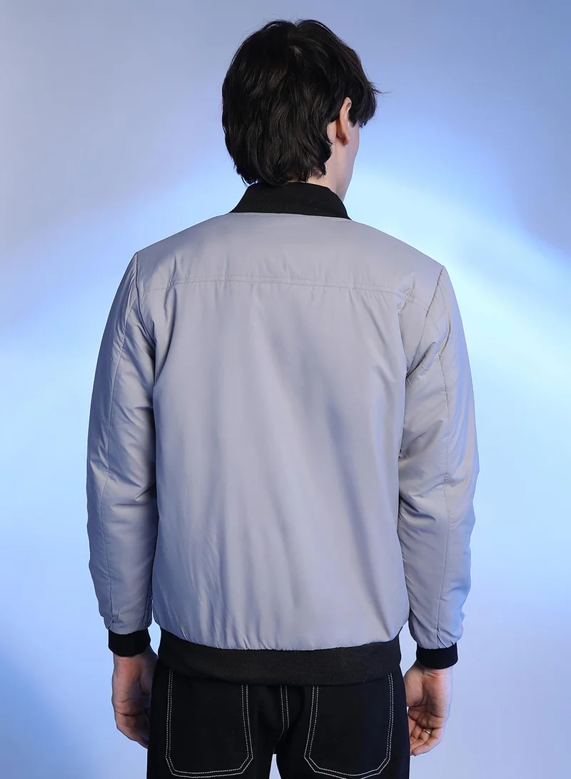 Campus Sutra Men's Light Grey Zip-Front Puffer Jacket With Contrast Detail