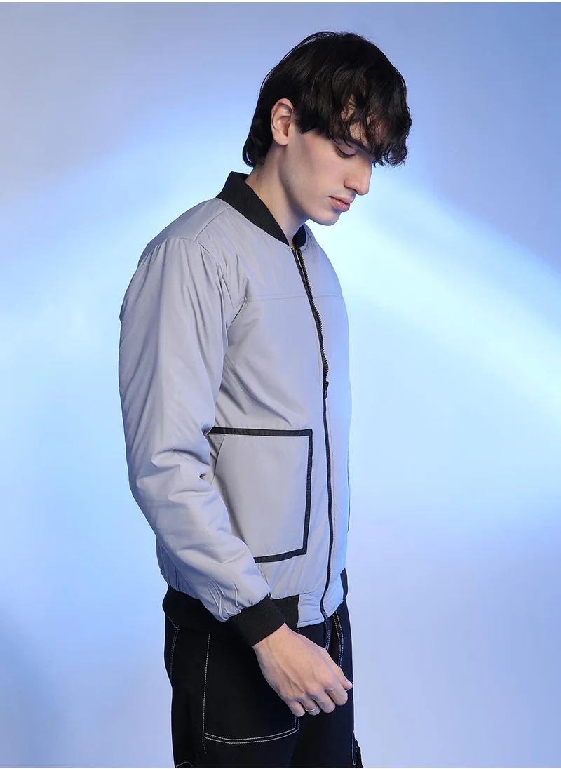 كامبوس سوترا Men's Light Grey Zip-Front Puffer Jacket With Contrast Detail