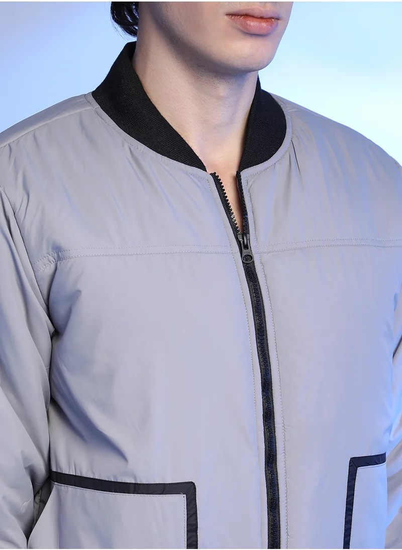Campus Sutra Men's Light Grey Zip-Front Puffer Jacket With Contrast Detail