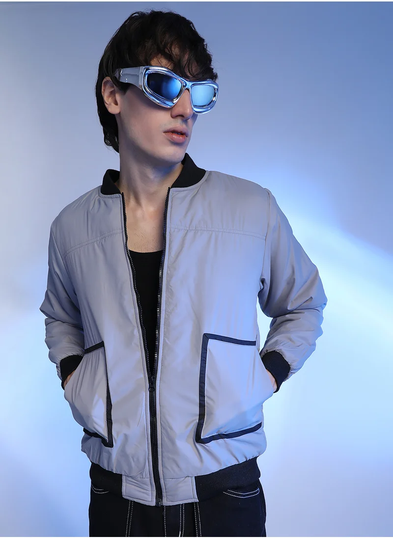 Campus Sutra Men's Light Grey Zip-Front Puffer Jacket With Contrast Detail