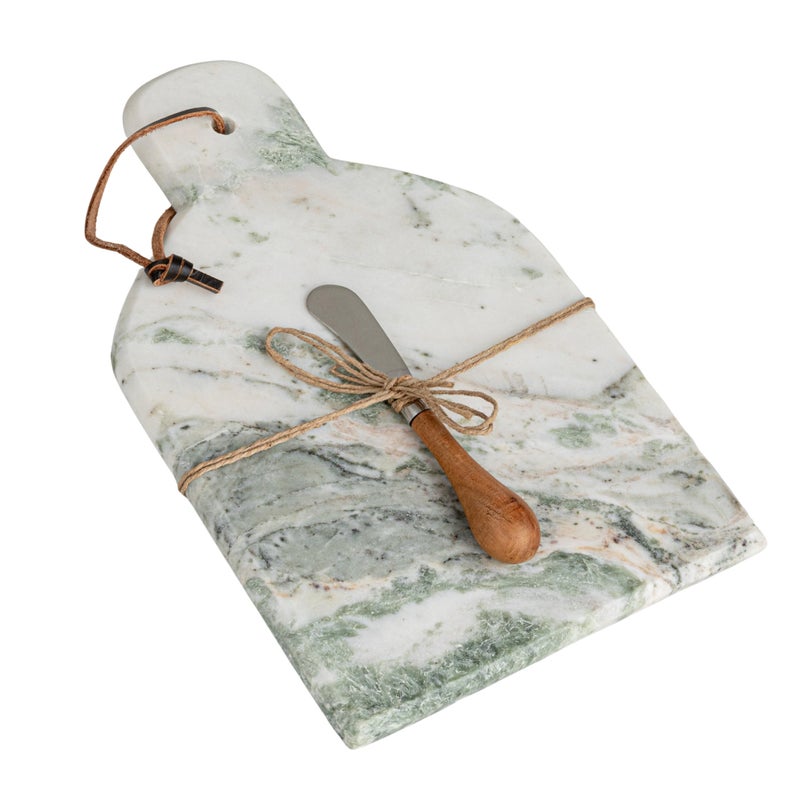 Creative CoOp Marble and Wood Cutting Board with Knife Natural and Green