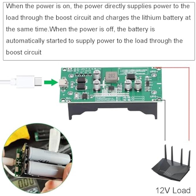 2 PCS 18650 LITHIUM BATTERY BOOST CHARGING BOARD UPS UNINTERRUPTIBLE MODULE HIGH POWER UPS 15W 3A 12V CHARGING AND DISCHARGING WITH DC FEMALE TWO-CORE CABLE - Image 3