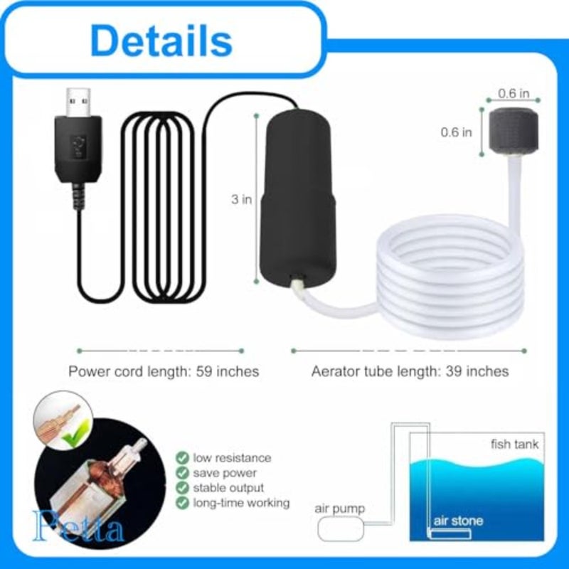 USB Mini Aquarium Air Pump with Sponge Filter and Air Stone, Quiet Portable Oxygen Pump for Shrimp, Nano Fish Tanks, Travel Use, Battery-Free USB Air Pump for Small Fish Tank Accessories PA152-1 - Image 5