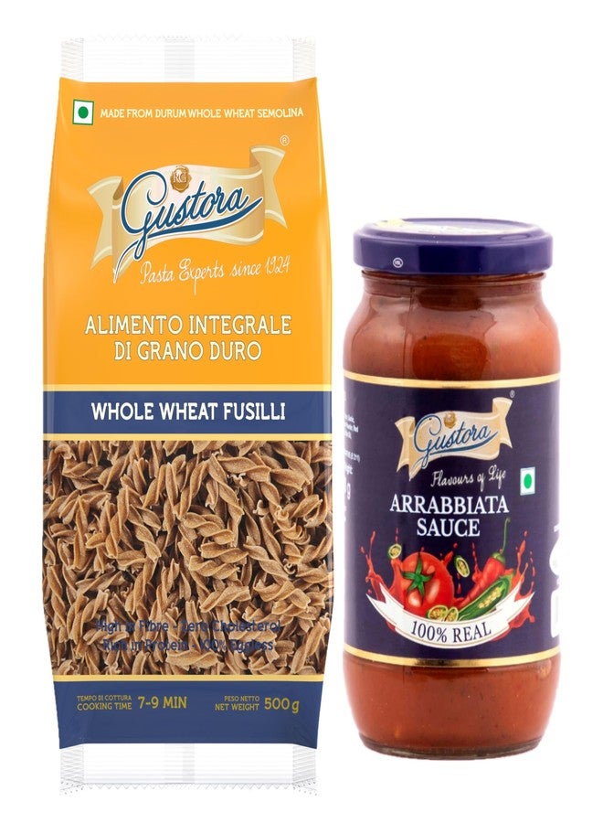 Gustora Combo Pack of Whole Wheat Fusilli Pasta 500g & Arrabbiata Sauce 400g I Pasta & Sauce Combo for Italian Cooking I Rich in Protein & Fibre I Vegetarian I Zero cholesterol I No Trans Fats - 900G - Image 1