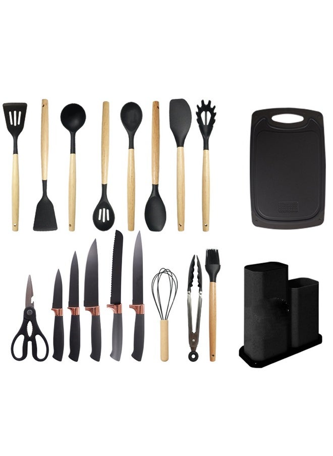 ATM - 19 Pieces Cooking Utensils Set, Kitchen Knife Set, Includes Tongs, Spoon, Spatula and Turner, Heat Resistant, Food Grade, Silicone and Wooden Handles, Non Stick Kitchen Knife Sets and Cutlery - Image 1