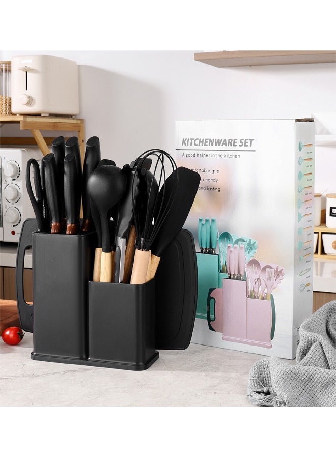ATM - 19 Pieces Cooking Utensils Set, Kitchen Knife Set, Includes Tongs, Spoon, Spatula and Turner, Heat Resistant, Food Grade, Silicone and Wooden Handles, Non Stick Kitchen Knife Sets and Cutlery - Image 1