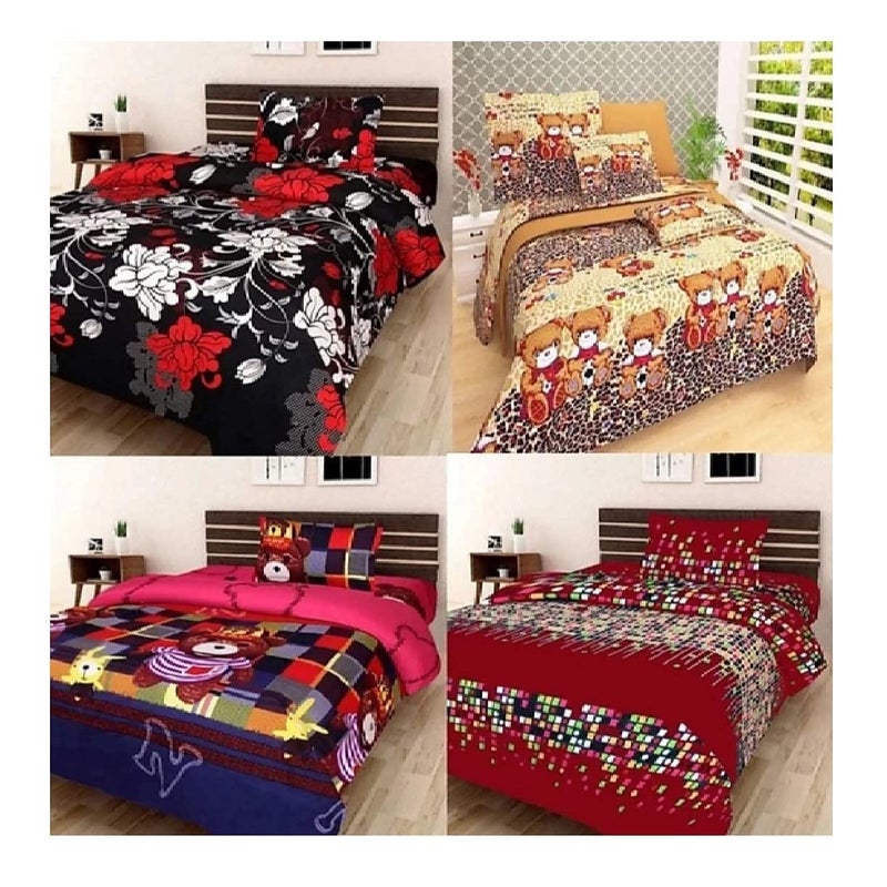 Bezzilish Home Microfiber Kids Room Single Bedsheets with Pillow Covers 90 inch x 60 inch Multicolor Combo of 4 