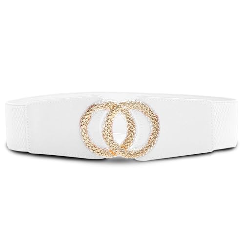 REDHORNS Fabric Elastic Waist Belt for Women Dresses Double Ring Design Stretchy Wide Belt for Ladies Saree - Free Size (LD137J, White) - Image 1