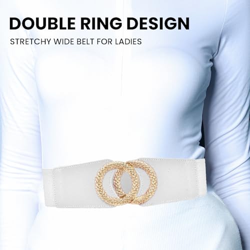 REDHORNS Fabric Elastic Waist Belt for Women Dresses Double Ring Design Stretchy Wide Belt for Ladies Saree - Free Size (LD137J, White) - Image 2