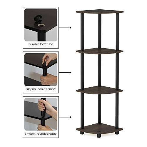 Furinno TURN-N-TUBE Corner Shelf, 4-Tier Corner Bookshelf, Display Storage Shelves with Open Shelves, for Organization and Storage, Living Room, Home Office, Garage, Dark Brown Grain - Image 4