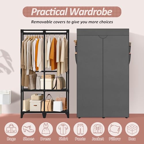 Jofuler Wardrobe Closet, Quick and Easy Assembly, Gray Portable Closet with 2 Hanging Rods 4 Storage Shelves and Side 8 Pockets, Sturdy and Stable Clothes Rack with Cover, for Bedroom and Dormitory - Image 5