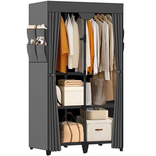 Jofuler Wardrobe Closet, Quick and Easy Assembly, Gray Portable Closet with 2 Hanging Rods 4 Storage Shelves and Side 8 Pockets, Sturdy and Stable Clothes Rack with Cover, for Bedroom and Dormitory - Image 1