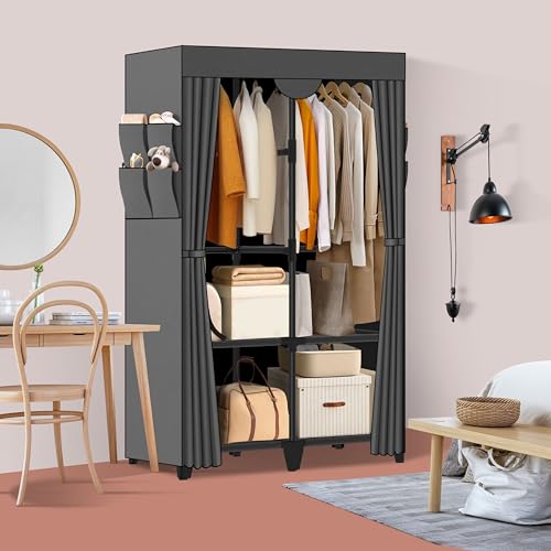 Jofuler Wardrobe Closet, Quick and Easy Assembly, Gray Portable Closet with 2 Hanging Rods 4 Storage Shelves and Side 8 Pockets, Sturdy and Stable Clothes Rack with Cover, for Bedroom and Dormitory - Image 2