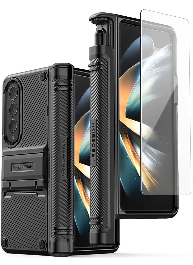 VRS Design Quick Stand Active S (S-Pen Compartment In Hinge Protection) Case Cover For Samsung Galaxy Z Fold 4 (2022) With Kickstand & Screen Protector- Matte Black (S-Pen NOT included)  - Image 1