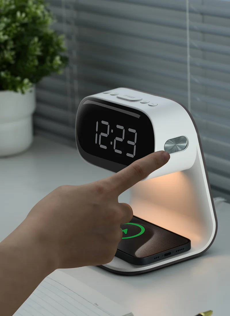 Sharpdo LED Multi-Function 3-In-1 Night Light Alarm Clock with Wireless Charging, Imitation Wood Grain Wireless Charging Bedside Lamp, Colorful Clock Display