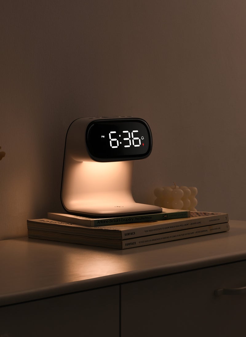 Sharpdo - LED Multi-Function 3-In-1 Night Light Alarm Clock with Wireless Charging, Imitation Wood Grain Wireless Charging Bedside Lamp, Colorful Clock Display - Image 1