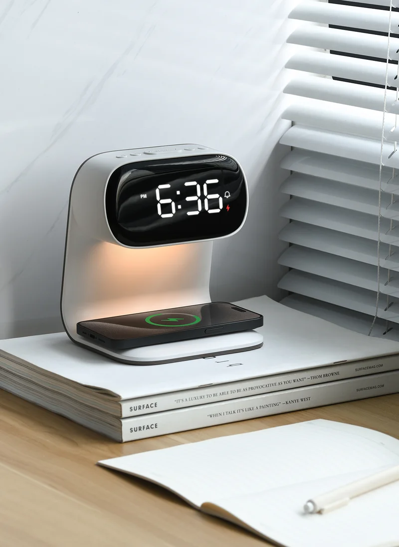 Sharpdo LED Multi-Function 3-In-1 Night Light Alarm Clock with Wireless Charging, Imitation Wood Grain Wireless Charging Bedside Lamp, Colorful Clock Display