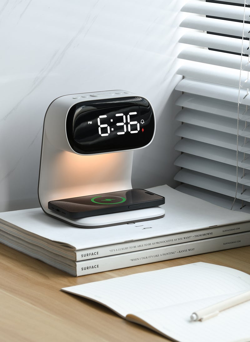 Sharpdo - LED Multi-Function 3-In-1 Night Light Alarm Clock with Wireless Charging, Imitation Wood Grain Wireless Charging Bedside Lamp, Colorful Clock Display - Image 1