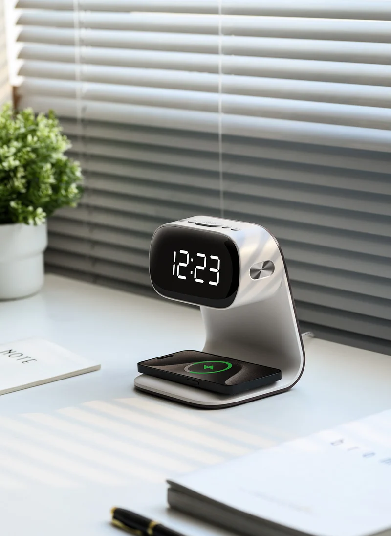 Sharpdo LED Multi-Function 3-In-1 Night Light Alarm Clock with Wireless Charging, Imitation Wood Grain Wireless Charging Bedside Lamp, Colorful Clock Display