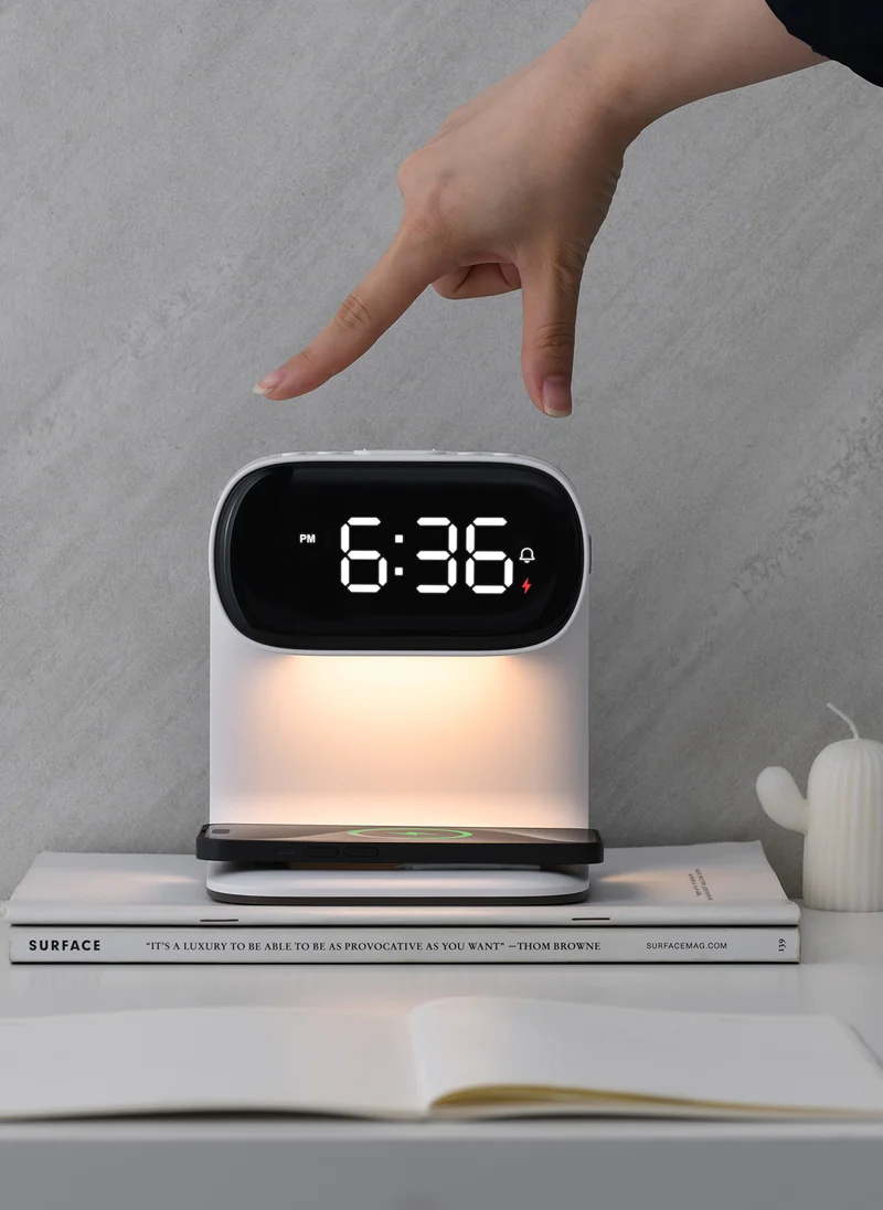 Sharpdo LED Multi-Function 3-In-1 Night Light Alarm Clock with Wireless Charging, Imitation Wood Grain Wireless Charging Bedside Lamp, Colorful Clock Display